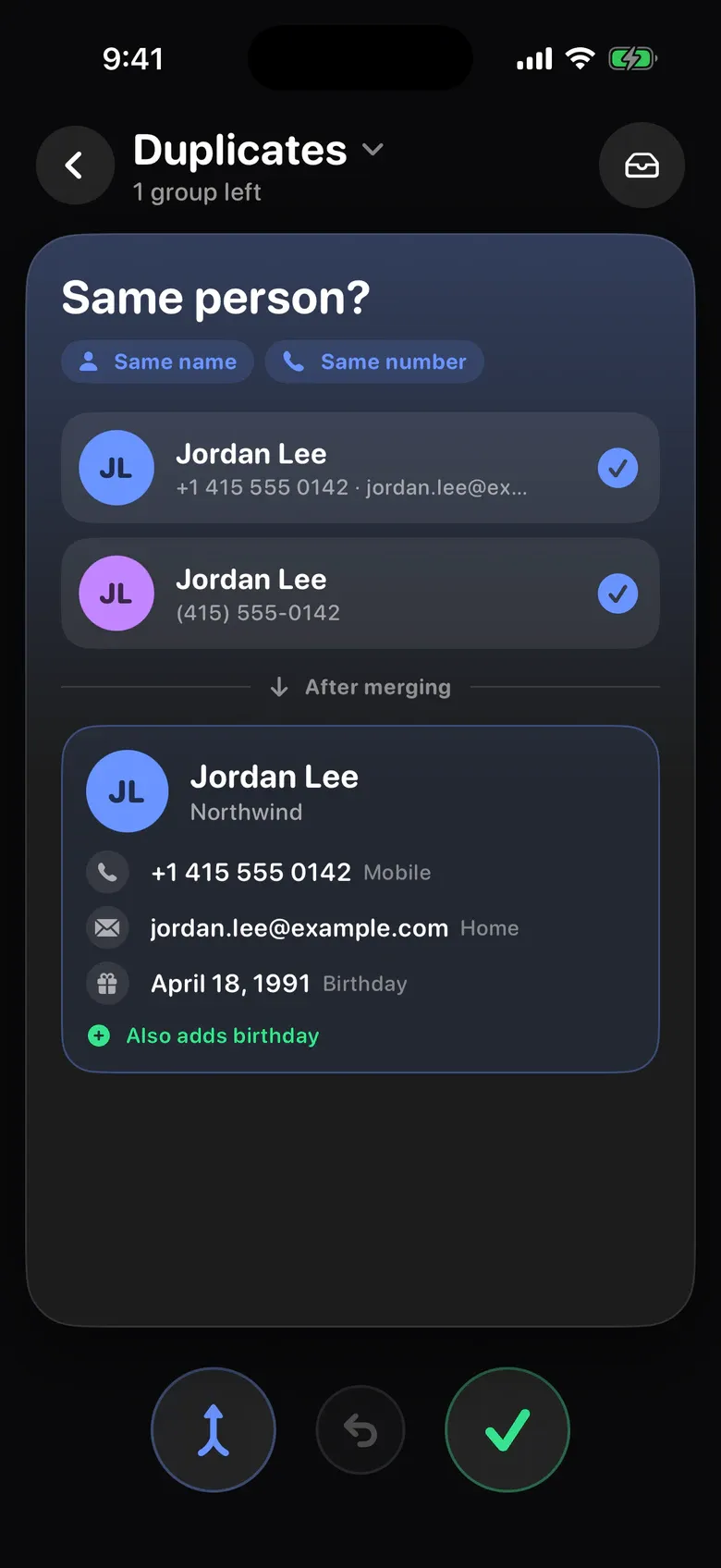 Contacts in Sift: two cards for Jordan Lee and the merged contact