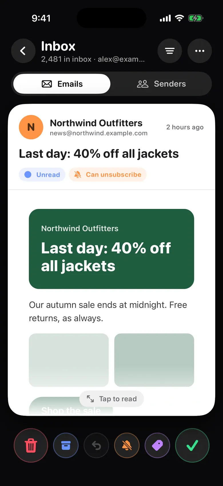 Gmail in Sift: a newsletter email with trash, archive, unsubscribe, label and keep buttons